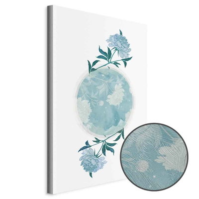 Schuin productaanzicht van Floral planet. Het motief loopt door over de randen van het canvas. Een ronde detailopname toont het reliëf van het geloppervlak.