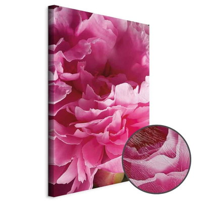 Schuin productaanzicht van Blossom of beauty - pink. Het motief loopt door over de randen van het canvas. Een ronde detailopname toont het reliëf van het geloppervlak.