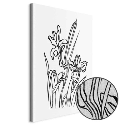 Schuin productaanzicht van Love irises. Het motief loopt door over de randen van het canvas. Een ronde detailopname toont het reliëf van het geloppervlak.