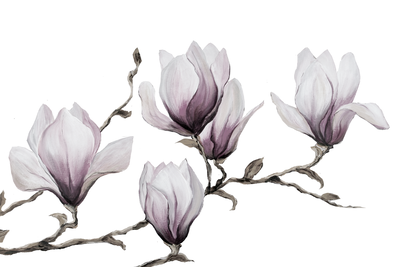 Vooraanzicht van Painted magnolias wide. De volledige gedrukte compositie is te zien zonder het schuine productaanzicht of de detailopname van het geloppervlak.