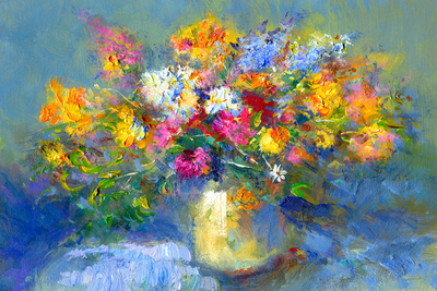 Vooraanzicht van Autumn bouquet. De volledige gedrukte compositie is te zien zonder het schuine productaanzicht of de detailopname van het geloppervlak.