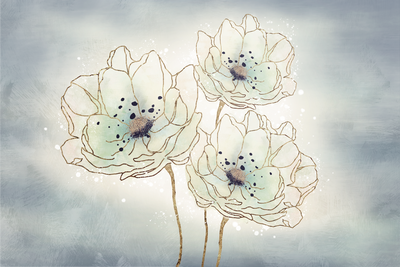 Vooraanzicht van Ocean flowers wide. De volledige gedrukte compositie is te zien zonder het schuine productaanzicht of de detailopname van het geloppervlak.