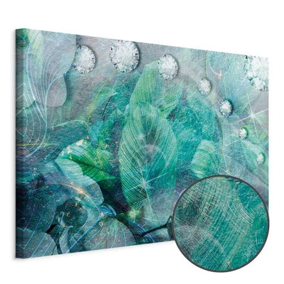 Schuin productaanzicht van Turquoise leaves wide. Het motief loopt door over de randen van het canvas. Een ronde detailopname toont het reliëf van het geloppervlak.