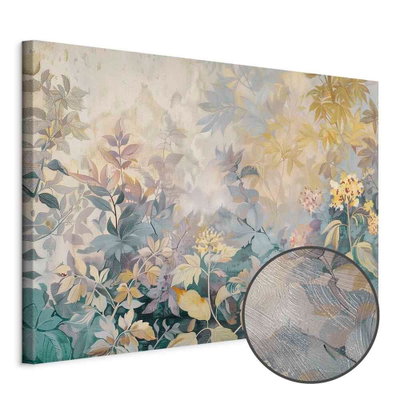 Schuin productaanzicht van Tapestry pattern with a. Het motief loopt door over de randen van het canvas. Een ronde detailopname toont het reliëf van het geloppervlak.