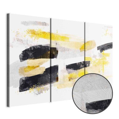Schuin productaanzicht van Modern chic. De 3 canvasdelen vormen samen één compositie. Een ronde detailopname toont het reliëf van het geloppervlak.