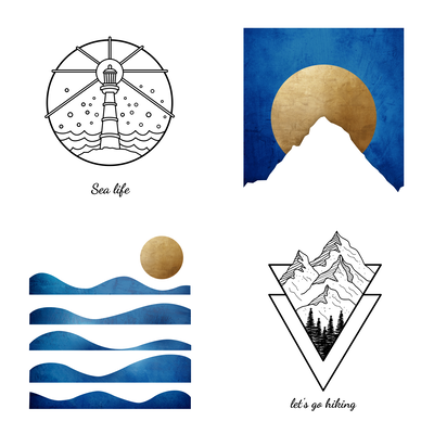 Vooraanzicht van Sea or mountains. De volledige gedrukte compositie is te zien op 4 canvasdelen met zichtbare tussenruimten.