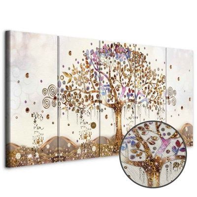 Schuin productaanzicht van Dazzling tree. De 5 canvasdelen vormen samen één compositie. Een ronde detailopname toont het reliëf van het geloppervlak.