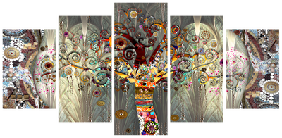 Vooraanzicht van Tree of life. De volledige gedrukte compositie is te zien op 5 canvasdelen met zichtbare tussenruimten.