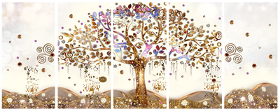 Vooraanzicht van Dazzling tree. De volledige gedrukte compositie is te zien op 5 canvasdelen met zichtbare tussenruimten.