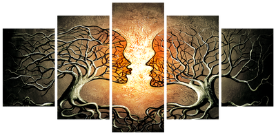 Vooraanzicht van Love entanglement. De volledige gedrukte compositie is te zien op 5 canvasdelen met zichtbare tussenruimten.