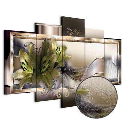 Schuin productaanzicht van Frame of beauty. De 5 canvasdelen vormen samen één compositie. Een ronde detailopname toont het reliëf van het geloppervlak.