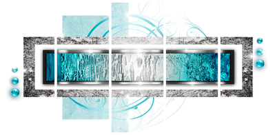 Vooraanzicht van Turquoise blizzard. De volledige gedrukte compositie is te zien op 5 canvasdelen met zichtbare tussenruimten.