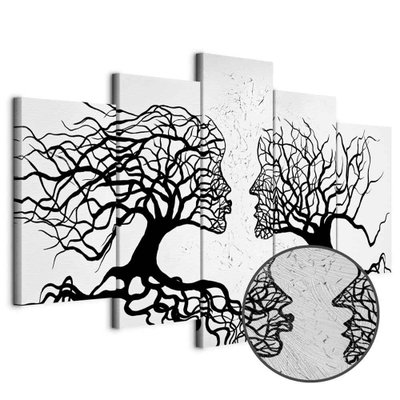 Schuin productaanzicht van The kiss of the wind. De 5 canvasdelen vormen samen één compositie. Een ronde detailopname toont het reliëf van het geloppervlak.