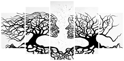 Vooraanzicht van The kiss of the wind. De volledige gedrukte compositie is te zien op 5 canvasdelen met zichtbare tussenruimten.