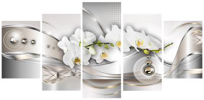 Vooraanzicht van Pearl dance of orchids. De volledige gedrukte compositie is te zien op 5 canvasdelen met zichtbare tussenruimten.