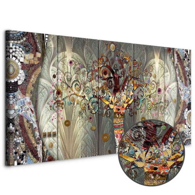 Schuin productaanzicht van Tree of life narrow. De 5 canvasdelen vormen samen één compositie. Een ronde detailopname toont het reliëf van het geloppervlak.