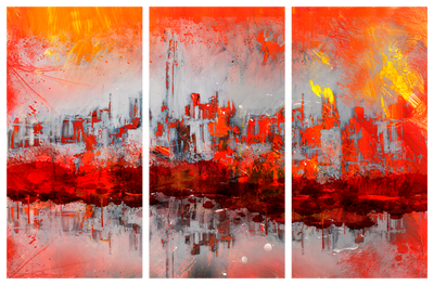 Vooraanzicht van New york sunset. De volledige gedrukte compositie is te zien op 3 canvasdelen met zichtbare tussenruimten.
