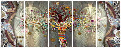 Vooraanzicht van Tree of life narrow. De volledige gedrukte compositie is te zien op 5 canvasdelen met zichtbare tussenruimten.