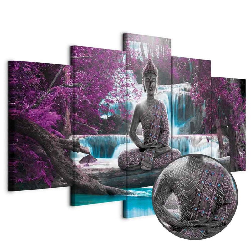 Produktvy av Waterfall and buddha. En rund detaljförstoring visar den strukturerade gelytan.