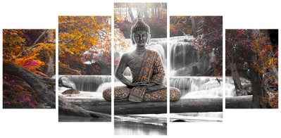 Vooraanzicht van Autumn buddha. De volledige gedrukte compositie is te zien op 5 canvasdelen met zichtbare tussenruimten.