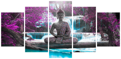 Vooraanzicht van Waterfall and buddha. De volledige gedrukte compositie is te zien op 5 canvasdelen met zichtbare tussenruimten.