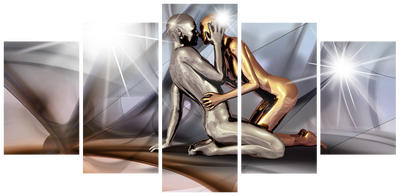 Vooraanzicht van Gold couple. De volledige gedrukte compositie is te zien op 5 canvasdelen met zichtbare tussenruimten.
