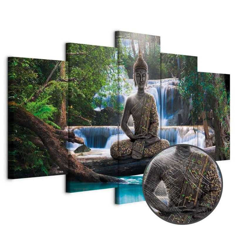 Produktvy av Buddha and waterfall. En rund detaljförstoring visar den strukturerade gelytan.