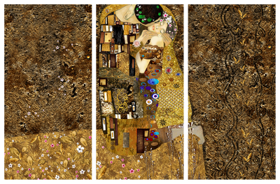 Vooraanzicht van Klimt inspiration - kiss. De volledige gedrukte compositie is te zien op 3 canvasdelen met zichtbare tussenruimten.
