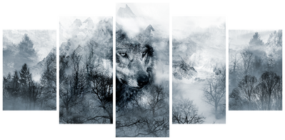 Vooraanzicht van Mountain predator wide. De volledige gedrukte compositie is te zien op 5 canvasdelen met zichtbare tussenruimten.