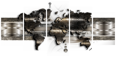 Vooraanzicht van Metal world map ii. De volledige gedrukte compositie is te zien op 5 canvasdelen met zichtbare tussenruimten.