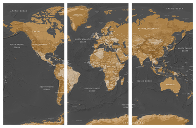 Vooraanzicht van World map modern aesthetics. De volledige gedrukte compositie is te zien op 3 canvasdelen met zichtbare tussenruimten.
