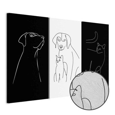 Schuin productaanzicht van Domestic animals. De 3 canvasdelen vormen samen één compositie. Een ronde detailopname toont het reliëf van het geloppervlak.