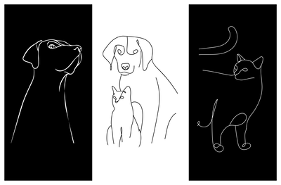 Vooraanzicht van Domestic animals. De volledige gedrukte compositie is te zien op 3 canvasdelen met zichtbare tussenruimten.