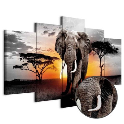 Schuin productaanzicht van Elephant at sunset. De 5 canvasdelen vormen samen één compositie. Een ronde detailopname toont het reliëf van het geloppervlak.