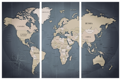 Vooraanzicht van Anthracitic world. De volledige gedrukte compositie is te zien op 3 canvasdelen met zichtbare tussenruimten.