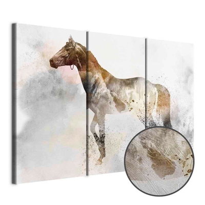 Schuin productaanzicht van Fiery steed. De 3 canvasdelen vormen samen één compositie. Een ronde detailopname toont het reliëf van het geloppervlak.