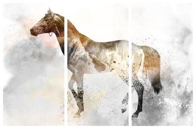 Vooraanzicht van Fiery steed. De volledige gedrukte compositie is te zien op 3 canvasdelen met zichtbare tussenruimten.