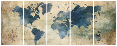 Vooraanzicht van Retro map narrow. De volledige gedrukte compositie is te zien op 5 canvasdelen met zichtbare tussenruimten.