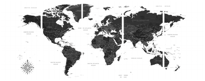 Vooraanzicht van Black and white map narrow. De volledige gedrukte compositie is te zien op 5 canvasdelen met zichtbare tussenruimten.