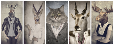 Vooraanzicht van Animal masks i. De volledige gedrukte compositie is te zien op 5 canvasdelen met zichtbare tussenruimten.
