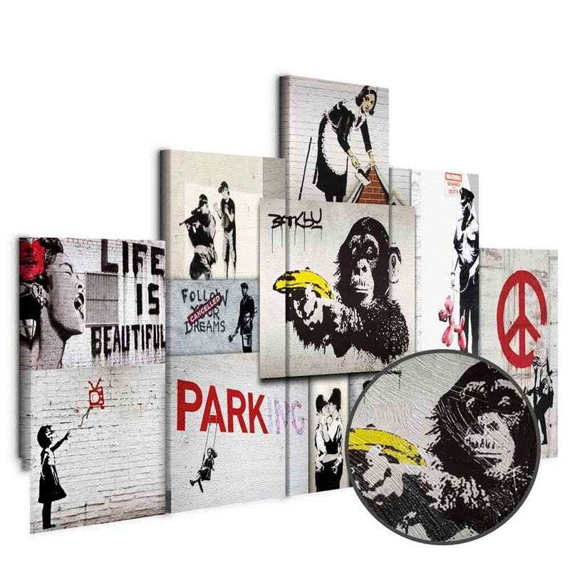 Produktvy av Street crimes banksy art. En rund detaljförstoring visar den strukturerade gelytan.