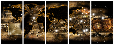 Vooraanzicht van World at night. De volledige gedrukte compositie is te zien op 5 canvasdelen met zichtbare tussenruimten.
