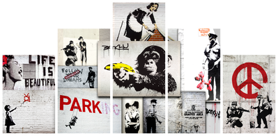 Vooraanzicht van Street crimes banksy art. De volledige gedrukte compositie is te zien op 5 canvasdelen met zichtbare tussenruimten.
