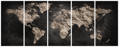 Vooraanzicht van World full of secrets i. De volledige gedrukte compositie is te zien op 5 canvasdelen met zichtbare tussenruimten.
