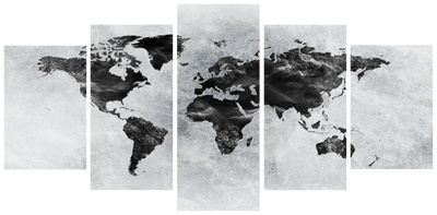 Vooraanzicht van Concrete world wide. De volledige gedrukte compositie is te zien op 5 canvasdelen met zichtbare tussenruimten.