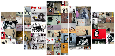 Vooraanzicht van Art of collage banksy iv. De volledige gedrukte compositie is te zien op 5 canvasdelen met zichtbare tussenruimten.