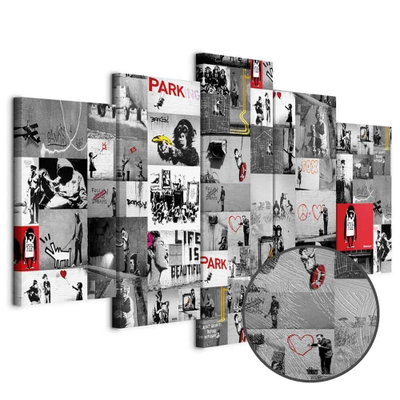 Schuin productaanzicht van Street art banksy iv. De 5 canvasdelen vormen samen één compositie. Een ronde detailopname toont het reliëf van het geloppervlak.