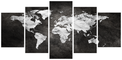 Vooraanzicht van Dark world wide. De volledige gedrukte compositie is te zien op 5 canvasdelen met zichtbare tussenruimten.