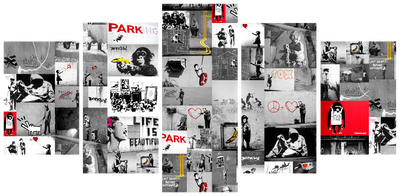 Vooraanzicht van Street art banksy iv. De volledige gedrukte compositie is te zien op 5 canvasdelen met zichtbare tussenruimten.