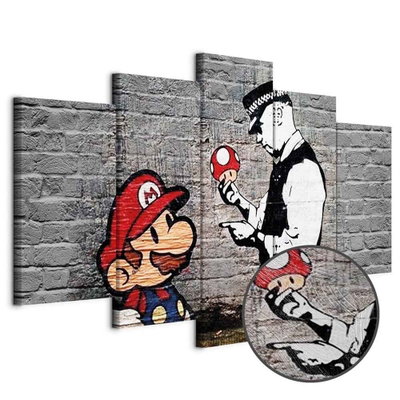 Schuin productaanzicht van Super mario mushroom cop. De 5 canvasdelen vormen samen één compositie. Een ronde detailopname toont het reliëf van het geloppervlak.